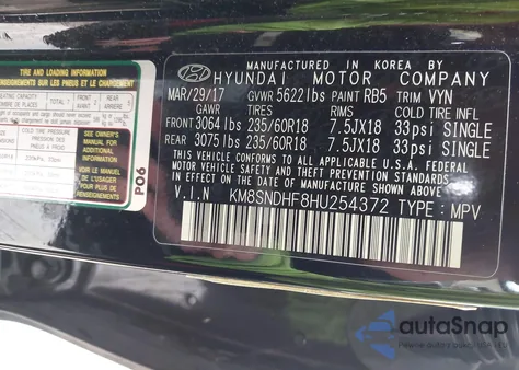 2017 Hyundai Santa Fe Se z USA, uszkodzony, nr VIN KM8SNDHF8HU254372
